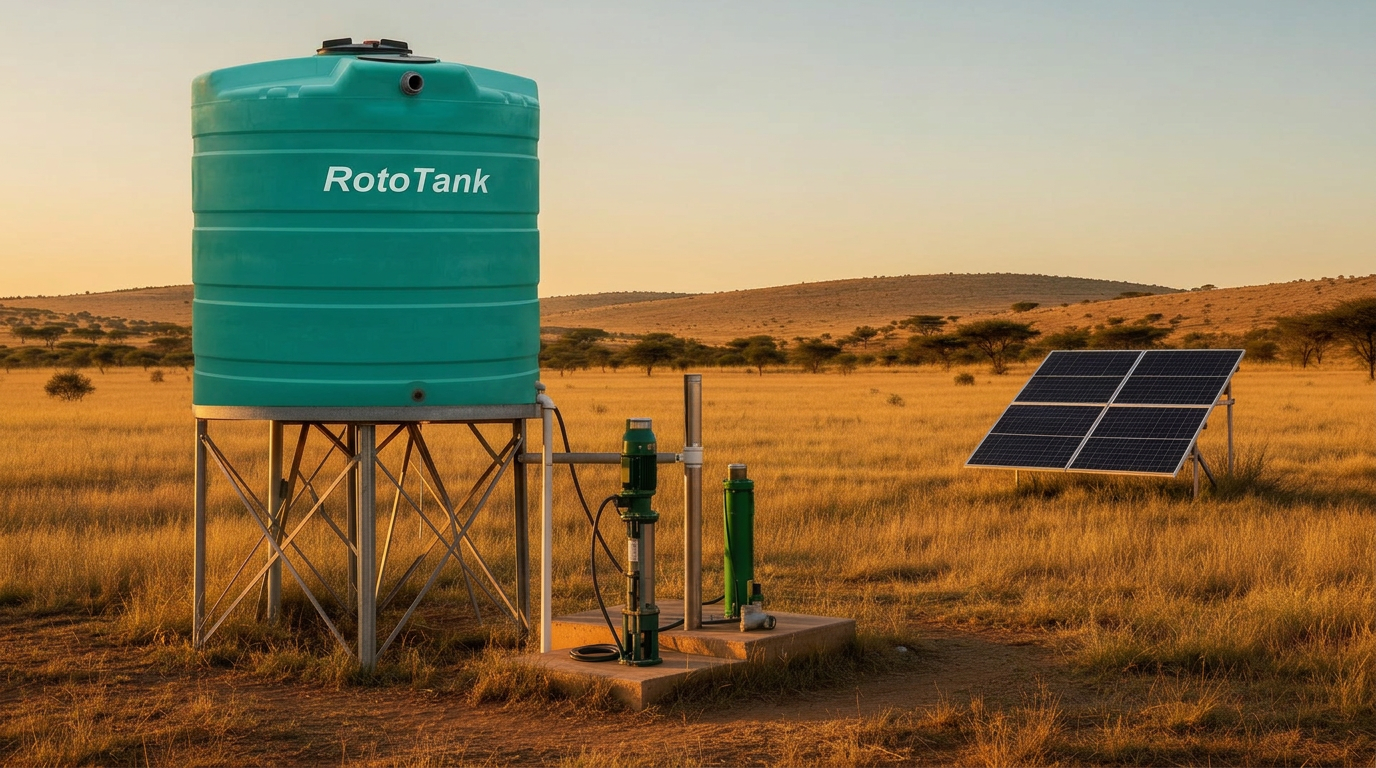 Drone view of a South African farm with borehole, water tank and solar panels